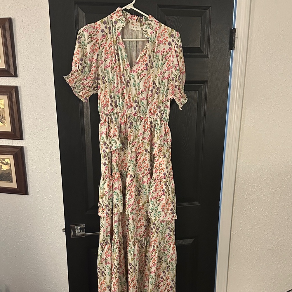 THML Cream Floral Tiered Maxi Dress with Pink & Green Print